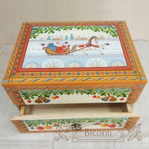 Расписная деревянная шкатулка для хранения ёлочных игрушек с одним ящиком